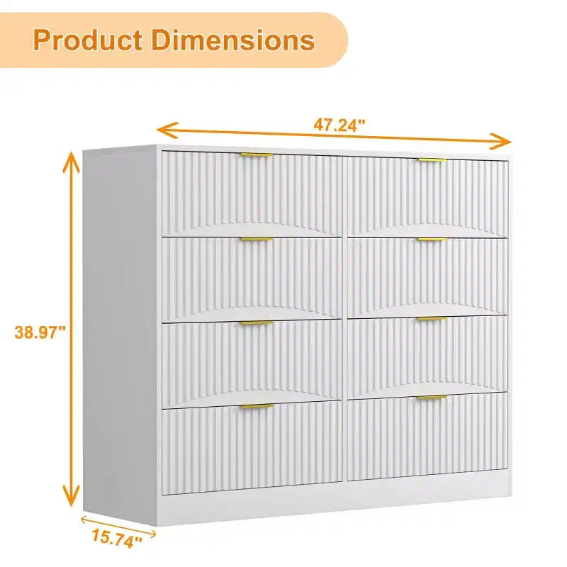 Commode moderne à 8 tiroirs, grand organiseur de rangement avec façades sculptées ondulées et poignées en métal doré pour chambre ou entrée - Panipeachy