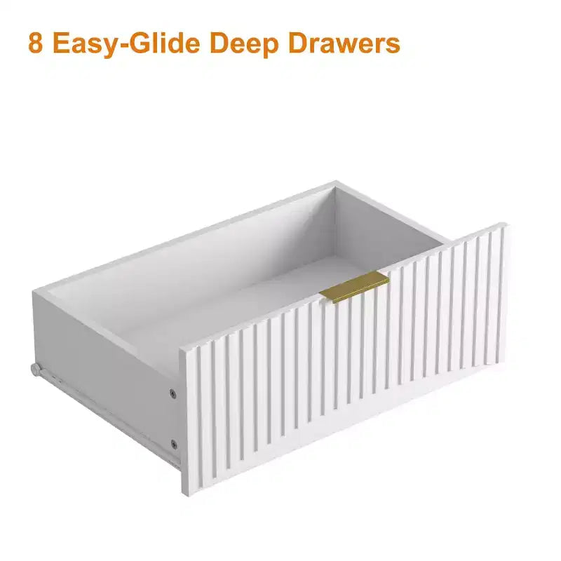 Commode moderne à 8 tiroirs, grand organiseur de rangement avec façades sculptées ondulées et poignées en métal doré pour chambre ou entrée - Panipeachy