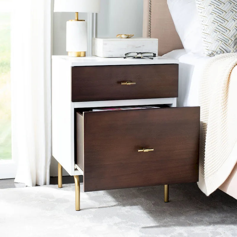 Walnut & White 2-Drawer Nightstand with Gold Pulls