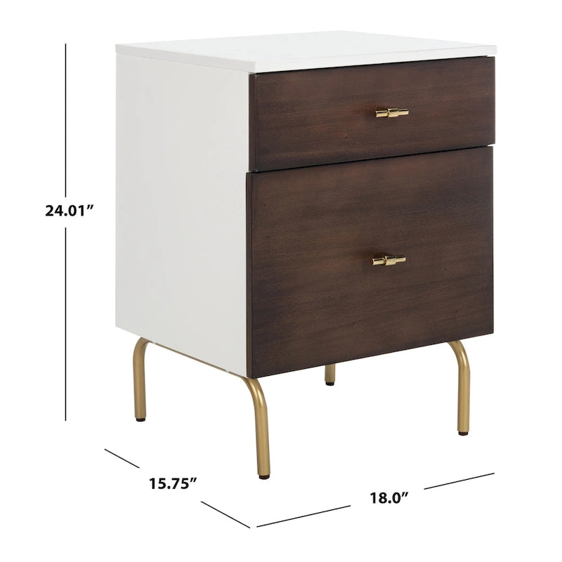 Walnut & White 2-Drawer Nightstand with Gold Pulls