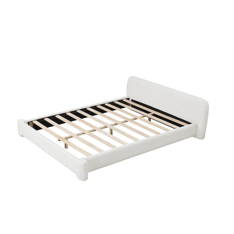 White Boucle Upholstered Platform Bed with Headboard, Queen, 2-Person