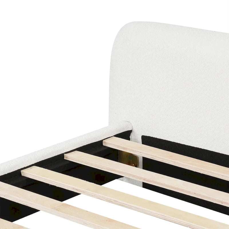 White Boucle Upholstered Platform Bed with Headboard, Queen, 2-Person