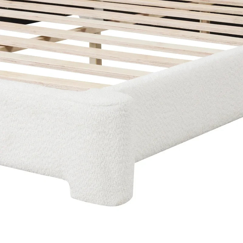 White Boucle Upholstered Platform Bed with Headboard, Queen, 2-Person