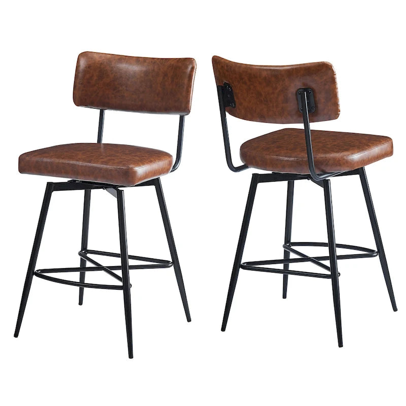 Brown PU Leather Swivel Counter Stool, Set of 2, 26" Seat Height