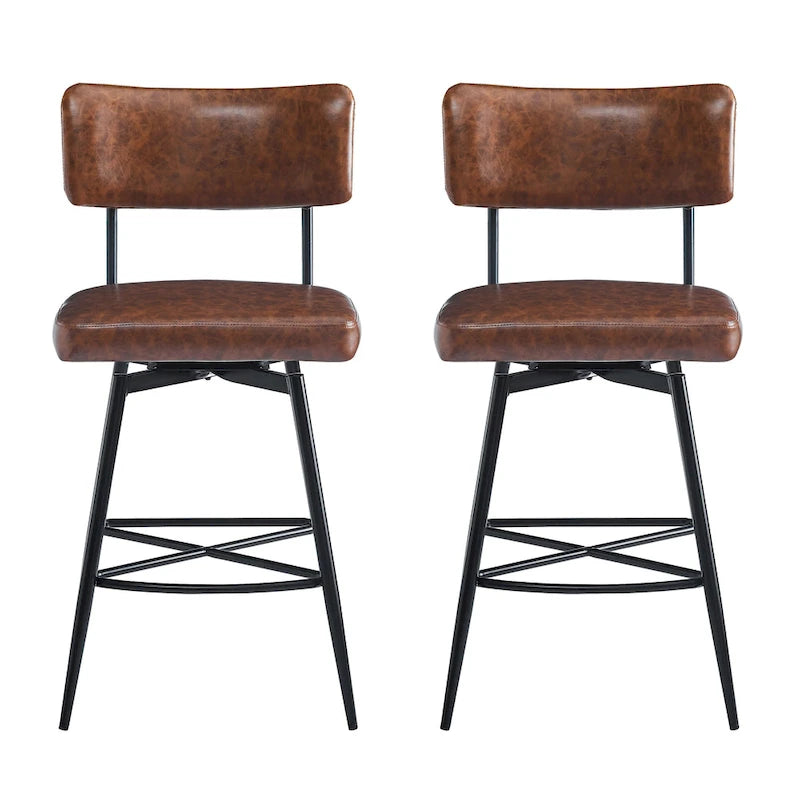 Brown PU Leather Swivel Counter Stool, Set of 2, 26" Seat Height