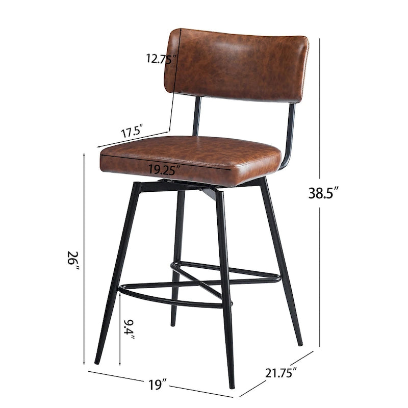 Brown PU Leather Swivel Counter Stool, Set of 2, 26" Seat Height