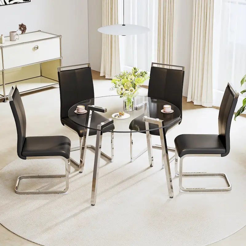 Black / Transparent / Gold Square Tempered Glass Dining Table, Seats 4