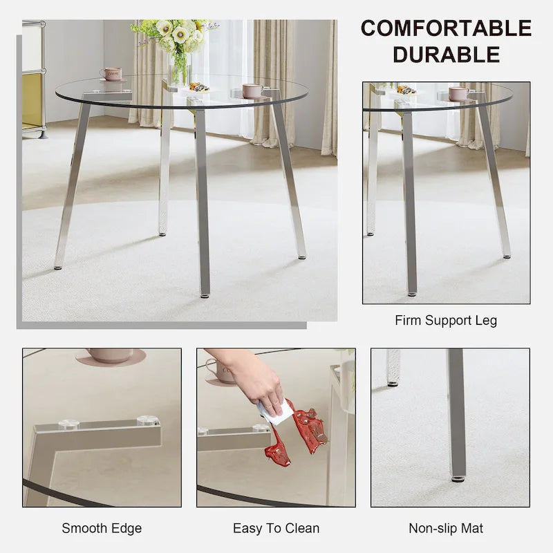 Black / Transparent / Gold Square Tempered Glass Dining Table, Seats 4