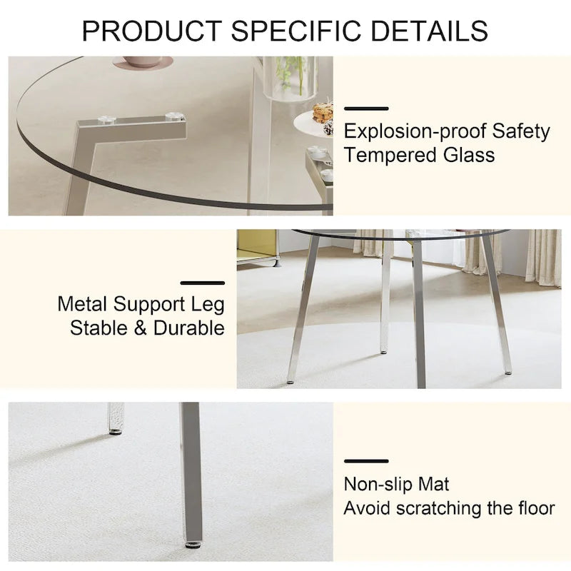 Black / Transparent / Gold Square Tempered Glass Dining Table, Seats 4
