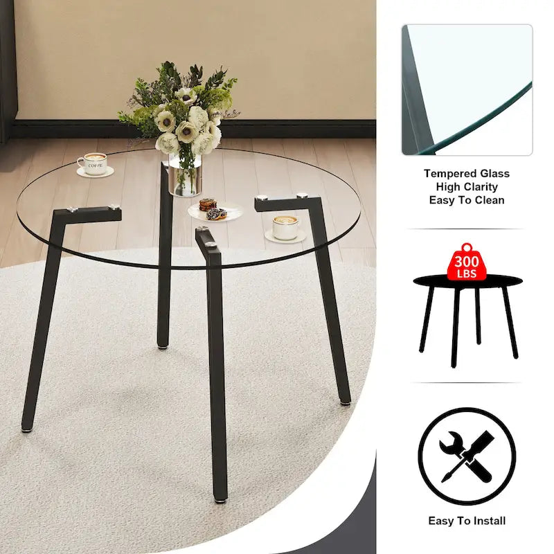 Black / Transparent / Gold Square Tempered Glass Dining Table, Seats 4