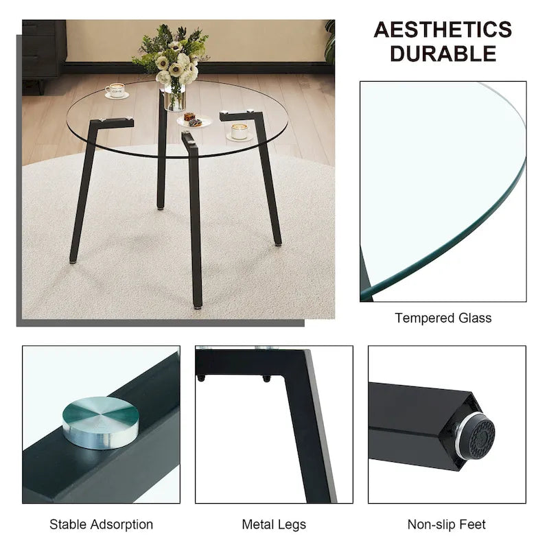 Black / Transparent / Gold Square Tempered Glass Dining Table, Seats 4