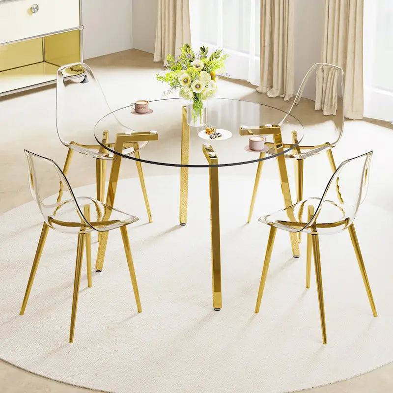 Black / Transparent / Gold Square Tempered Glass Dining Table, Seats 4
