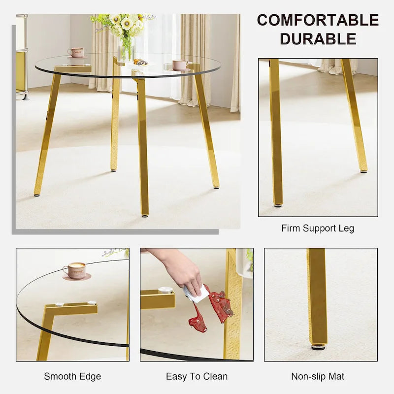 Black / Transparent / Gold Square Tempered Glass Dining Table, Seats 4