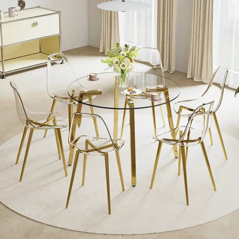 Black / Transparent / Gold Square Tempered Glass Dining Table, Seats 4