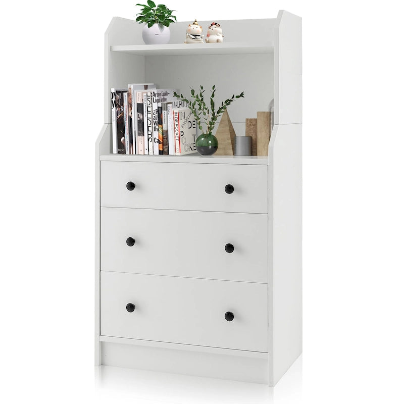 White 3-Drawer Dresser with 2-Tier Open Shelf, Single