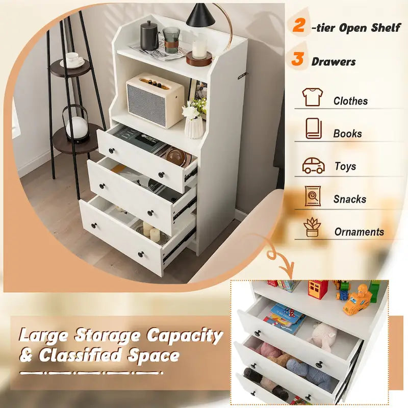 White 3-Drawer Dresser with 2-Tier Open Shelf, Single