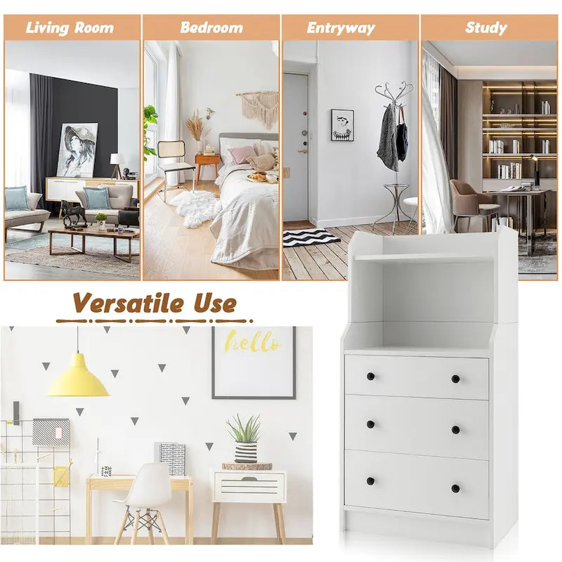 White 3-Drawer Dresser with 2-Tier Open Shelf, Single