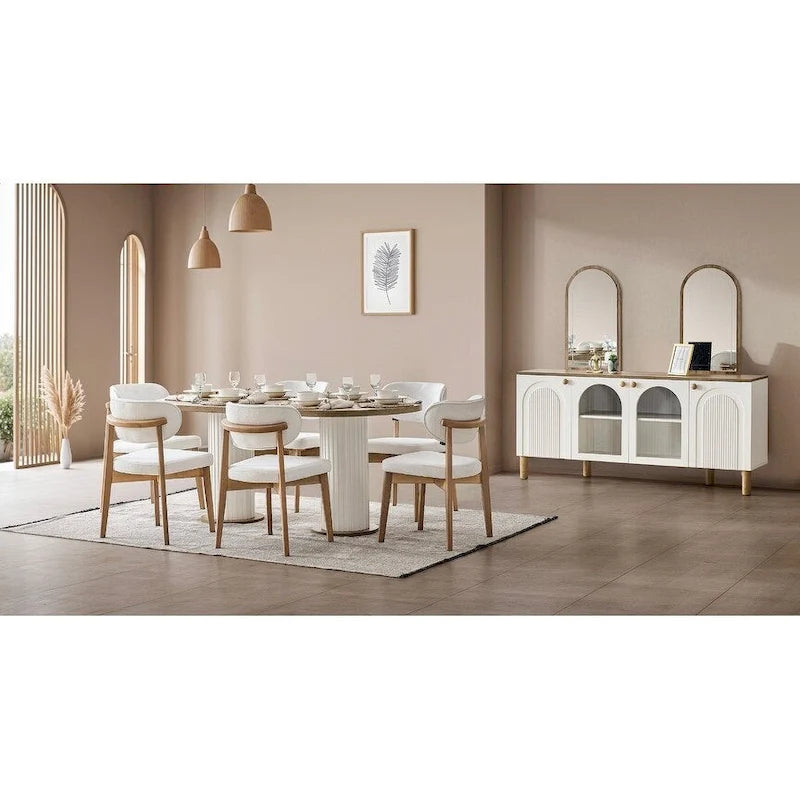 Cream Dining Room Set for 6 – Oval Table, 6 Chairs & Buffet with Mirror
