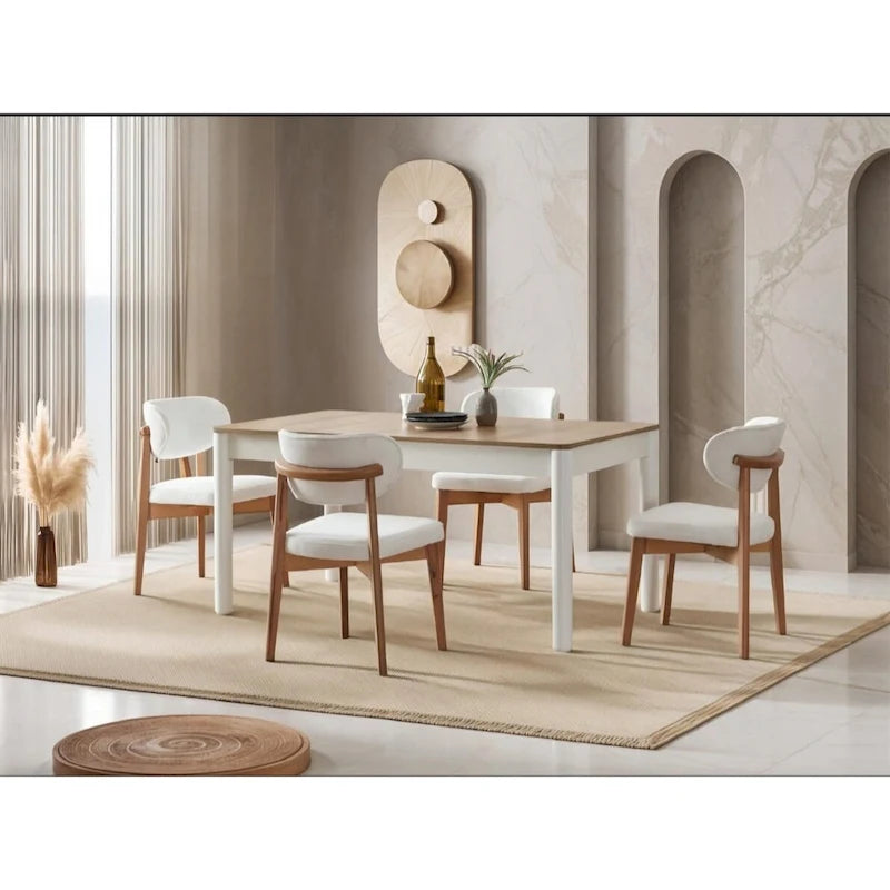 Cream Dining Room Set for 6 – Oval Table, 6 Chairs & Buffet with Mirror