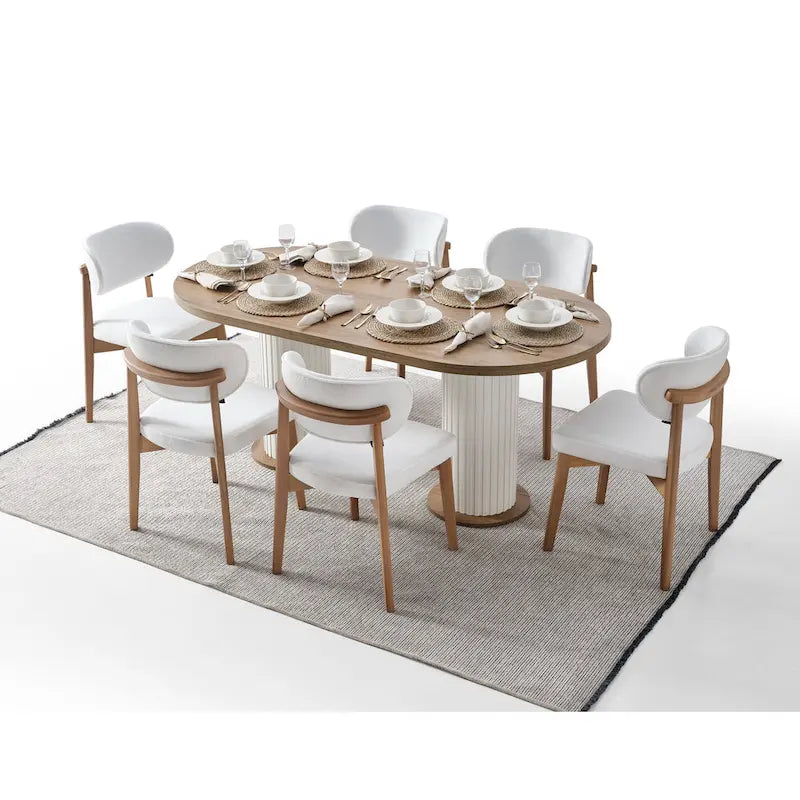 Cream Dining Room Set for 6 – Oval Table, 6 Chairs & Buffet with Mirror