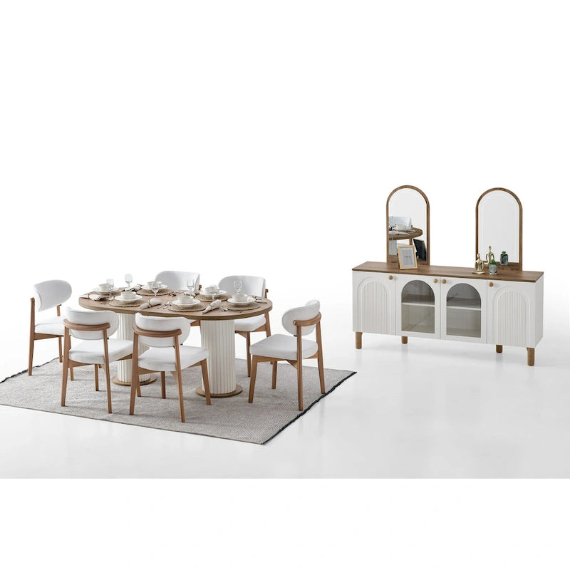 Cream Dining Room Set for 6 – Oval Table, 6 Chairs & Buffet with Mirror
