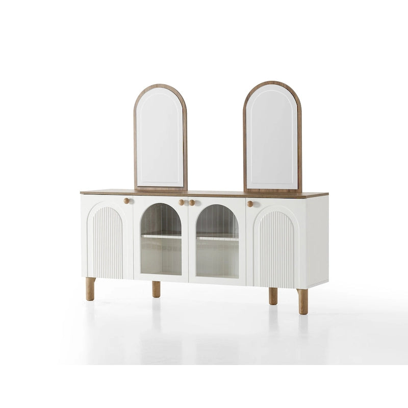 Cream Dining Room Set for 6 – Oval Table, 6 Chairs & Buffet with Mirror