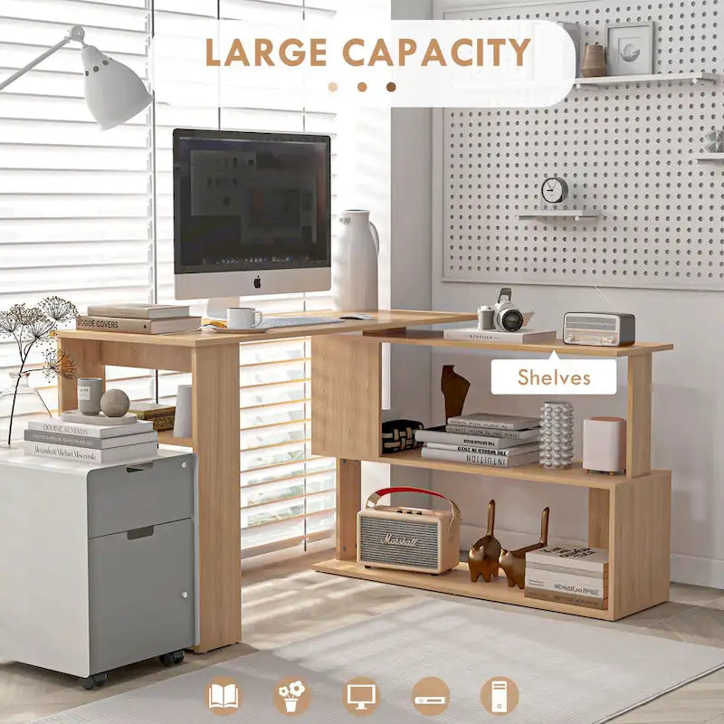 Blue / Ruby / White L-Shaped 360° Rotating Desk with Storage Shelves, 1-Person