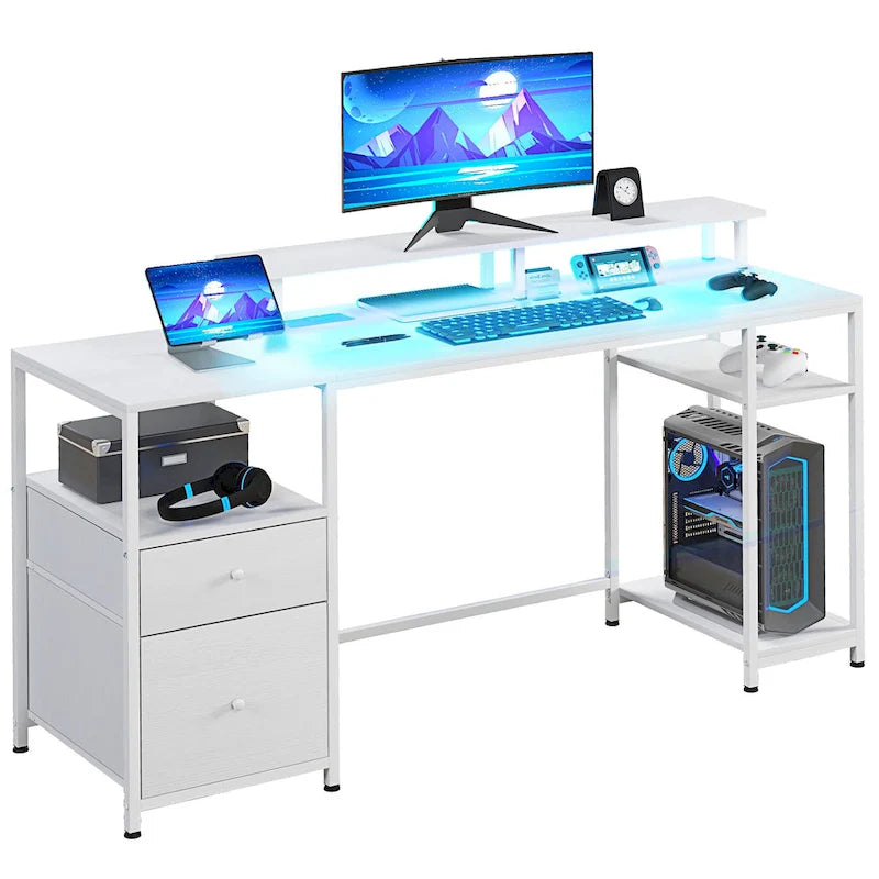 Blue / Ruby / White L-Shaped 360° Rotating Desk with Storage Shelves, 1-Person
