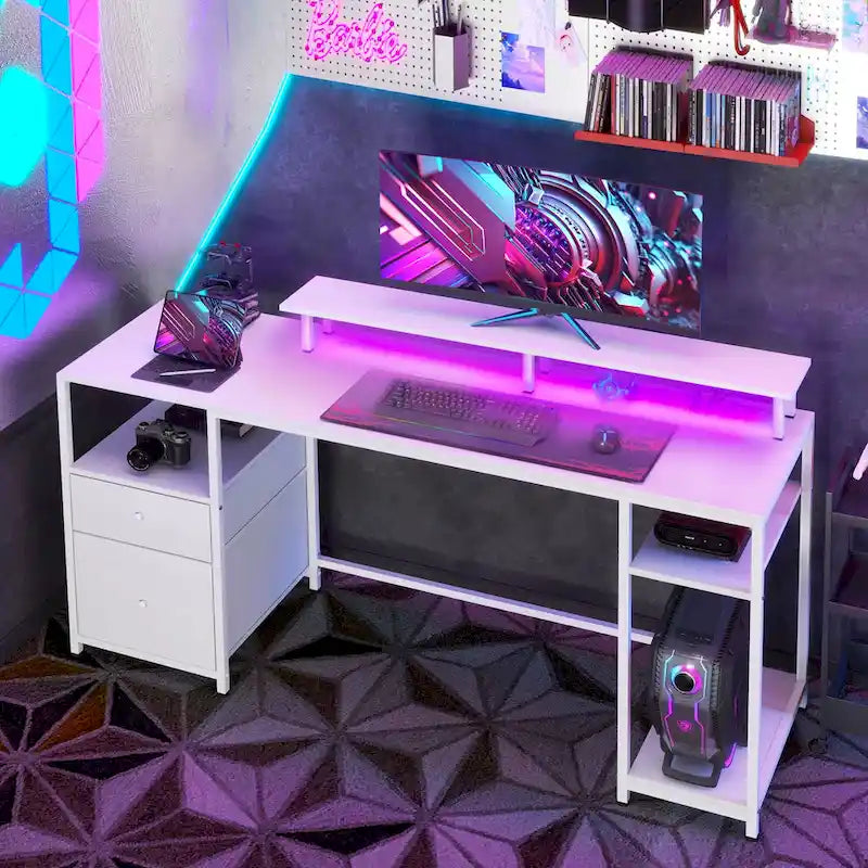 Blue / Ruby / White L-Shaped 360° Rotating Desk with Storage Shelves, 1-Person