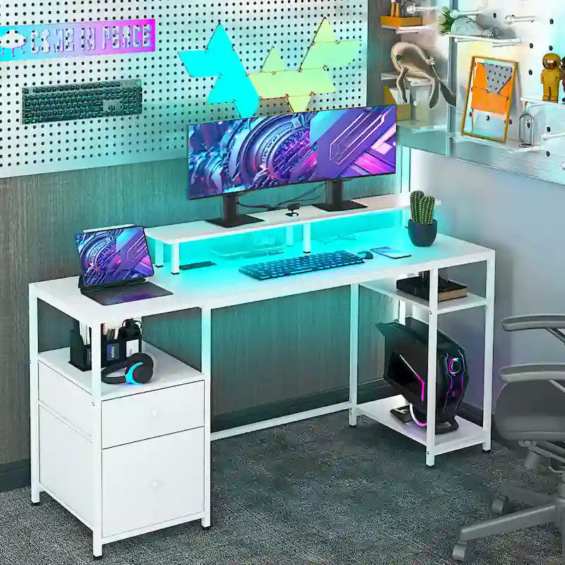 Blue / Ruby / White L-Shaped 360° Rotating Desk with Storage Shelves, 1-Person