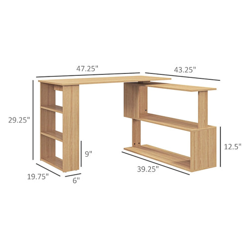 Bureau d'angle en L rotatif à 360° avec étagères de rangement, 1 personne - Bleu / Rubis / Blanc