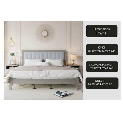 Lit plateforme capitonné carré en tissu gris – King, 2 places