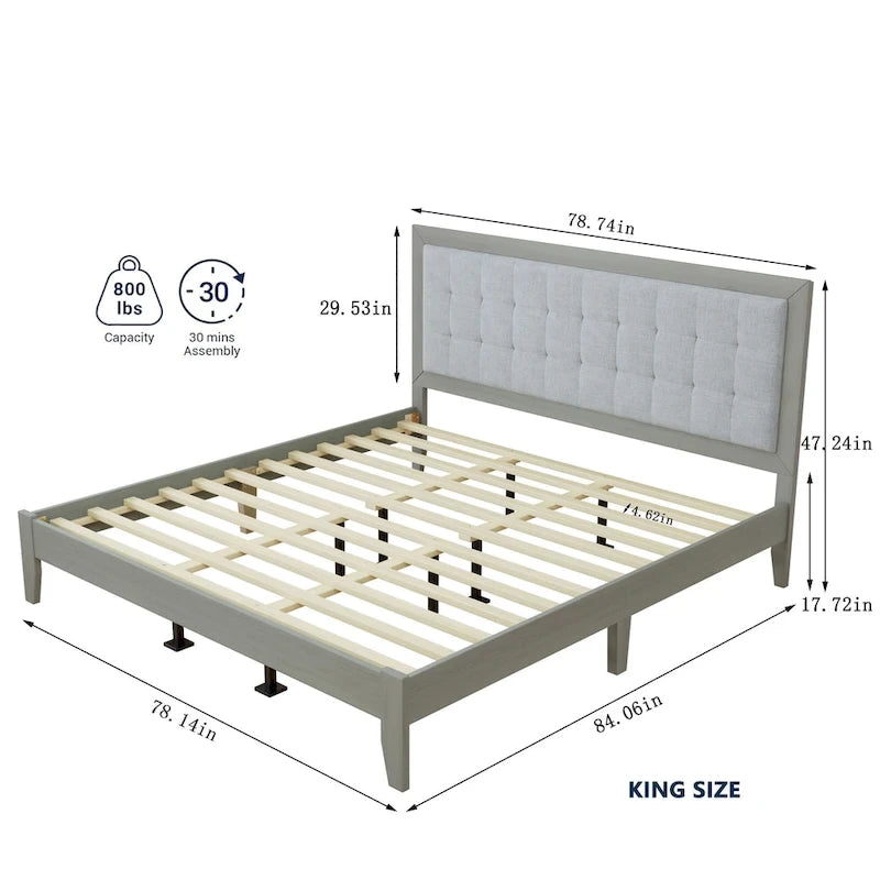 Grey Fabric Square-Tufted Platform Bed – King, Sleeps 2