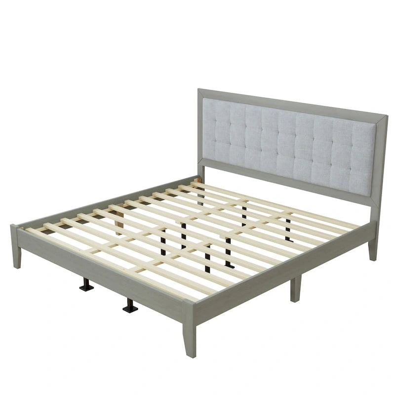 Grey Fabric Square-Tufted Platform Bed – King, Sleeps 2