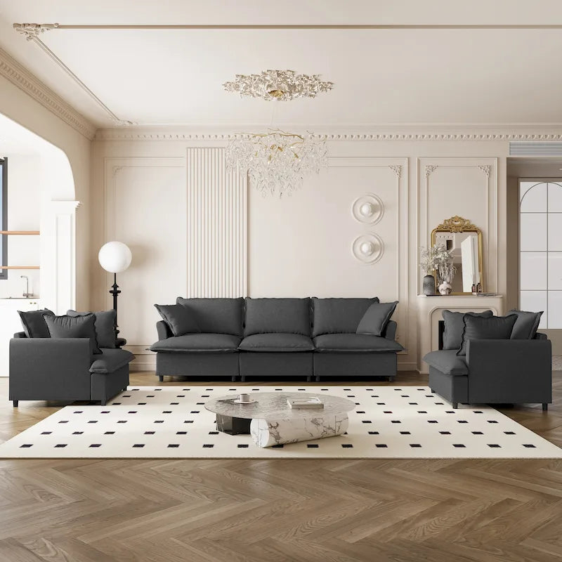Beige / Gray Chenille Modular Sectional Sofa, 3-Seat + 2 Armchairs, Seats 5
