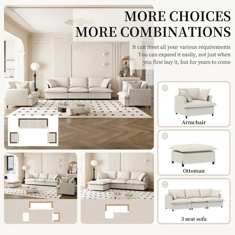 Beige / Gray Chenille Modular Sectional Sofa, 3-Seat + 2 Armchairs, Seats 5