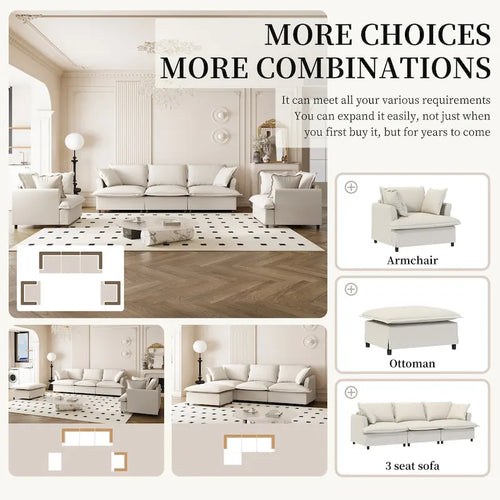 Beige / Gray Chenille Modular Sectional Sofa, 3-Seat + 2 Armchairs, Seats 5