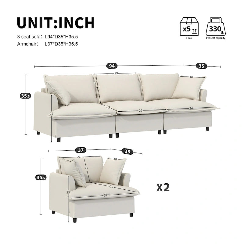 Beige / Gray Chenille Modular Sectional Sofa, 3-Seat + 2 Armchairs, Seats 5