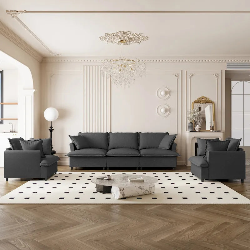 Beige / Gray Chenille Modular Sectional Sofa, 3-Seat + 2 Armchairs, Seats 5