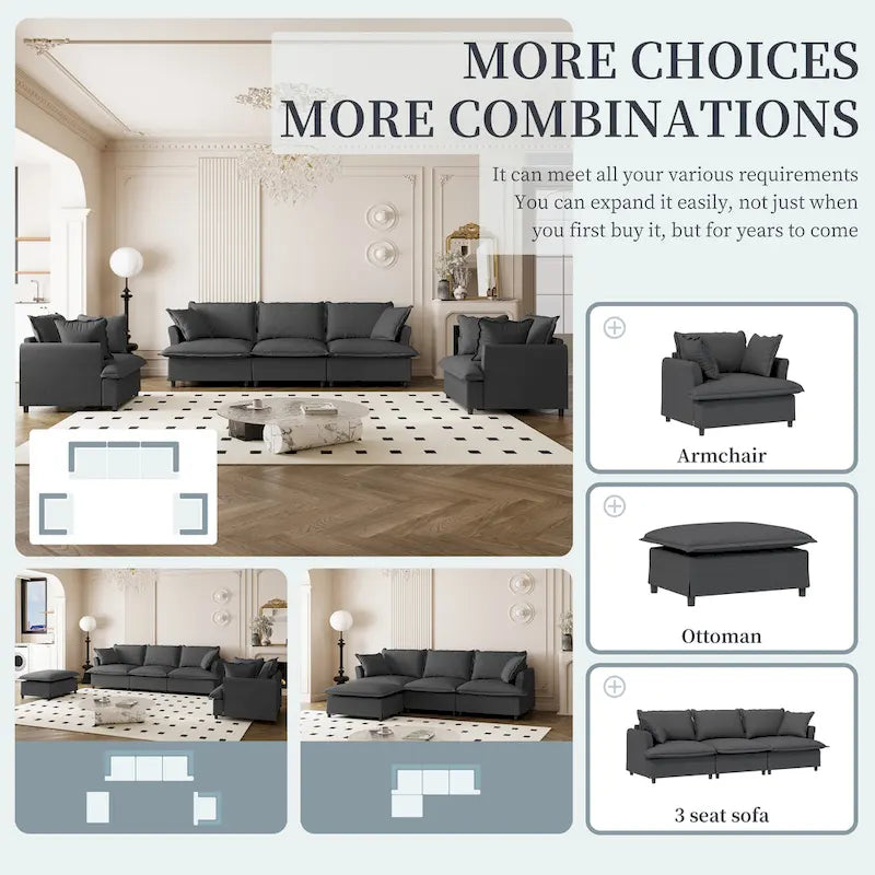 Beige / Gray Chenille Modular Sectional Sofa, 3-Seat + 2 Armchairs, Seats 5