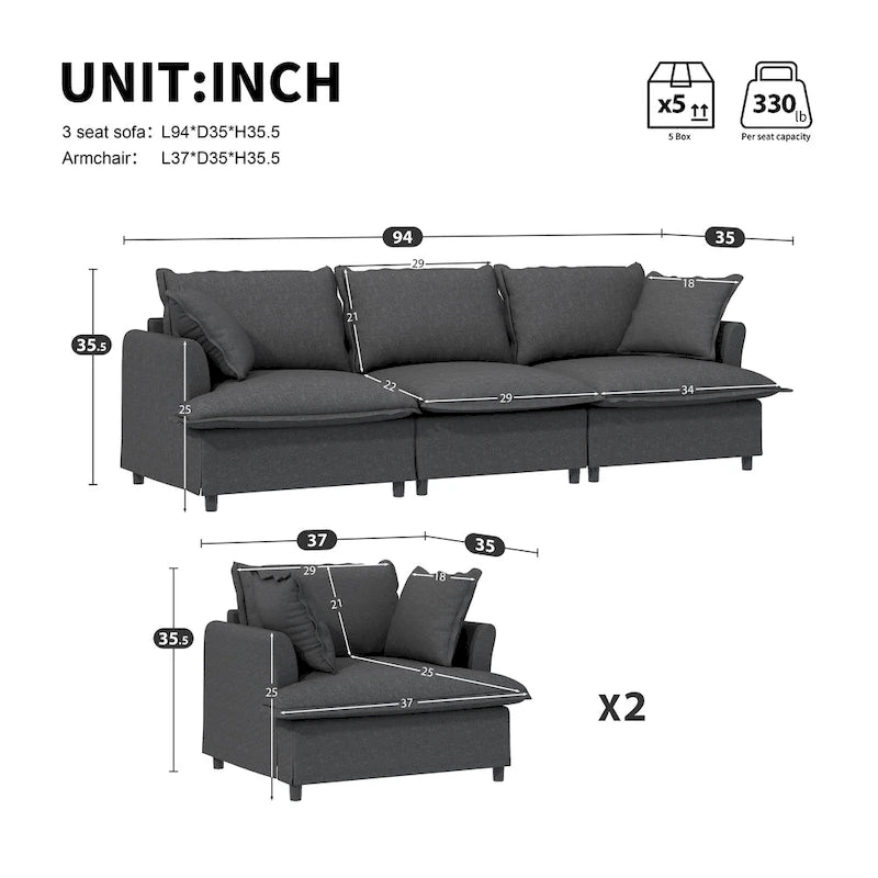 Beige / Gray Chenille Modular Sectional Sofa, 3-Seat + 2 Armchairs, Seats 5
