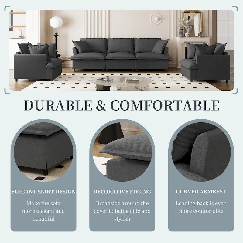 Beige / Gray Chenille Modular Sectional Sofa, 3-Seat + 2 Armchairs, Seats 5