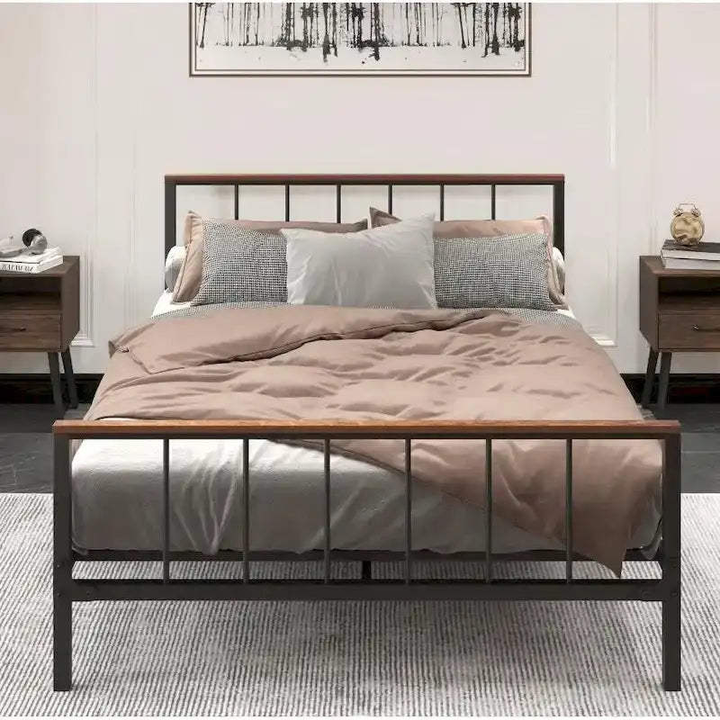 Black Metal Platform Bed with Headboard – Queen / Full, Fits 2–3