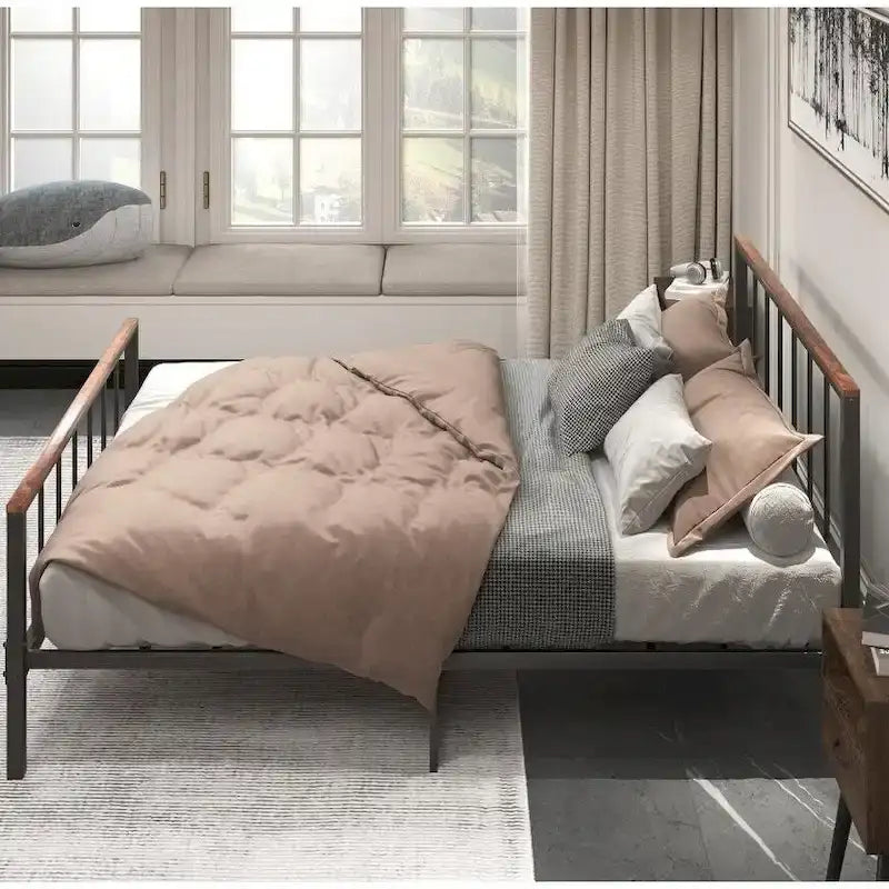 Black Metal Platform Bed with Headboard – Queen / Full, Fits 2–3