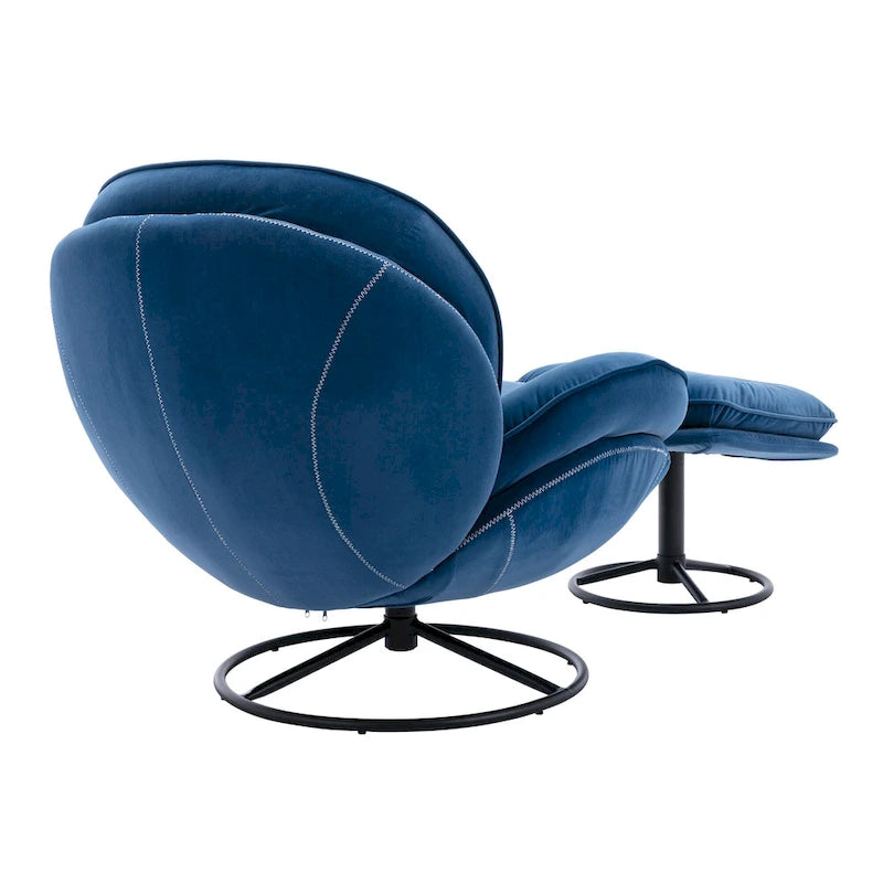 Blue Velvet Swivel Accent Chair with Ottoman – 1-Seat, No Armrest, Black Metal Legs