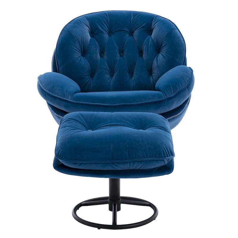 Blue Velvet Swivel Accent Chair with Ottoman – 1-Seat, No Armrest, Black Metal Legs