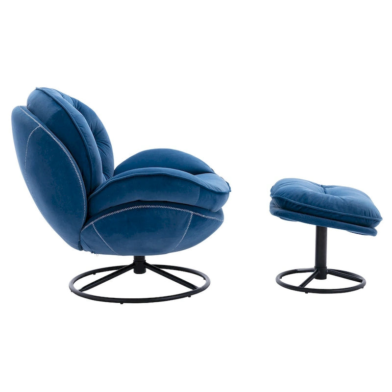 Blue Velvet Swivel Accent Chair with Ottoman – 1-Seat, No Armrest, Black Metal Legs