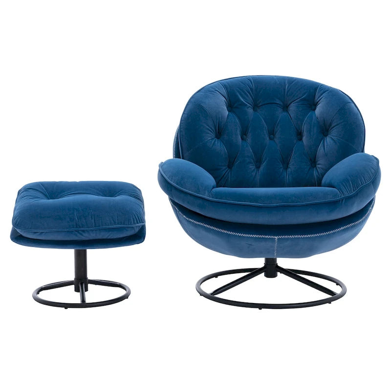 Blue Velvet Swivel Accent Chair with Ottoman – 1-Seat, No Armrest, Black Metal Legs