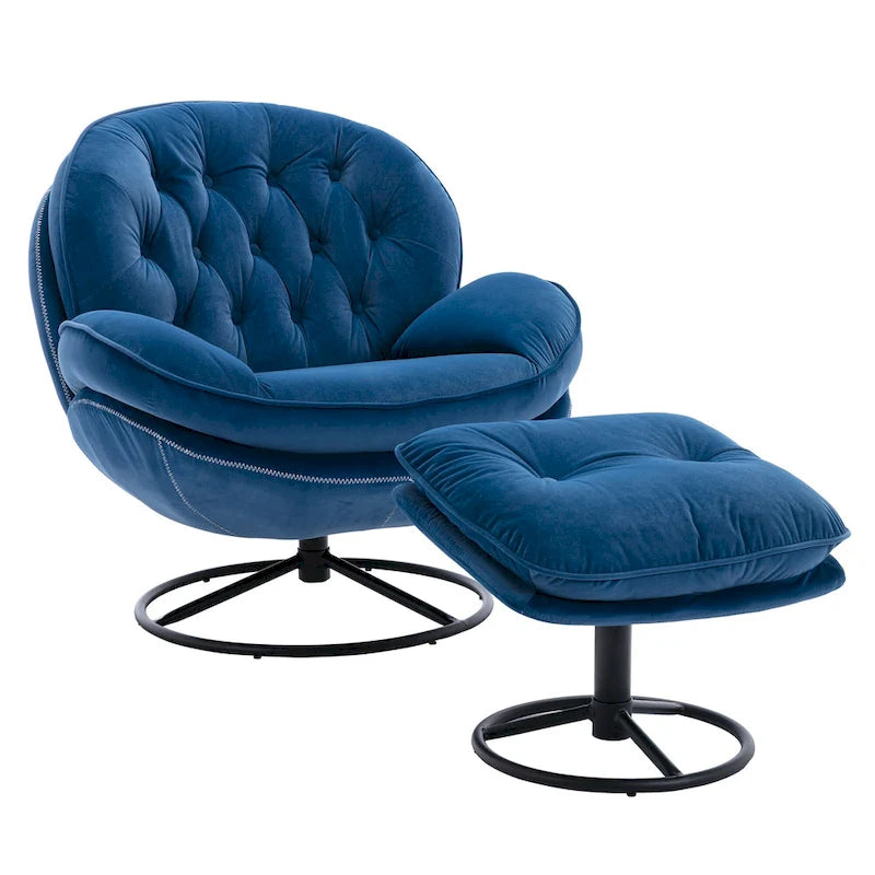 Blue Velvet Swivel Accent Chair with Ottoman – 1-Seat, No Armrest, Black Metal Legs