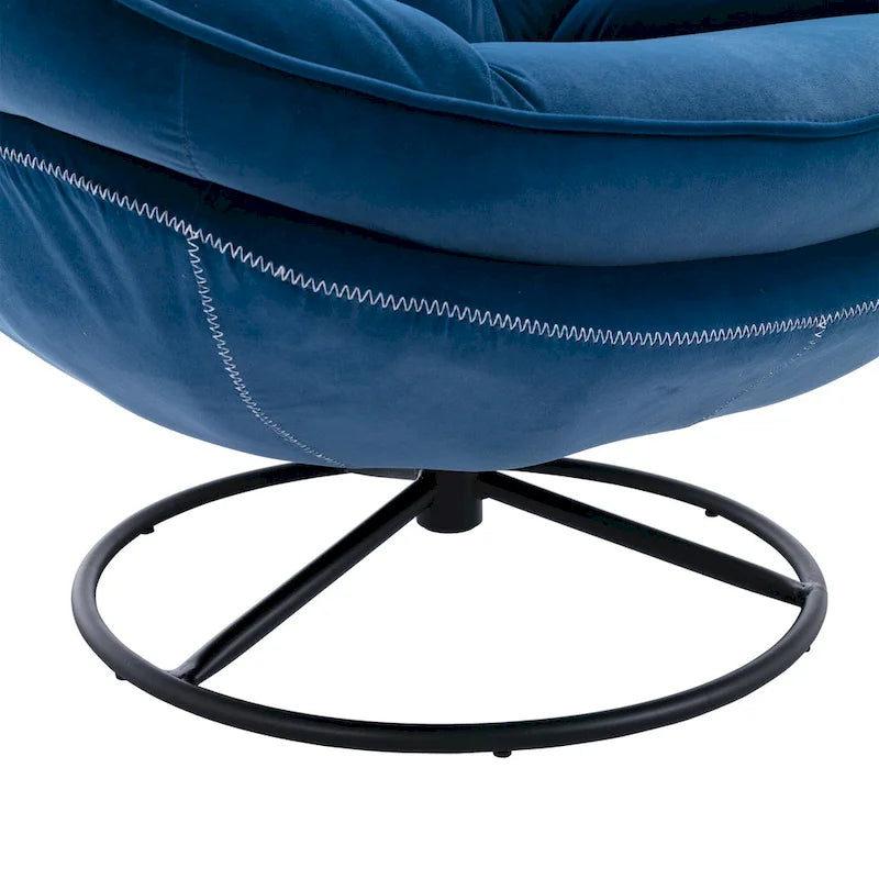 Blue Velvet Swivel Accent Chair with Ottoman – 1-Seat, No Armrest, Black Metal Legs